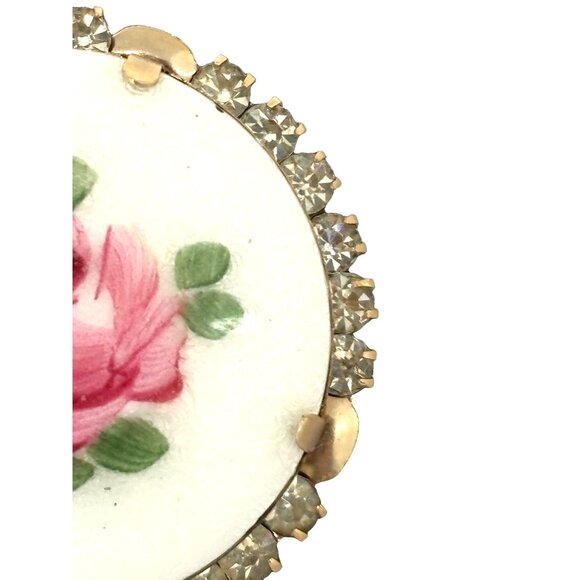 Vintage Floral Porcelain Rose Brooch With Rhinestone Accents - Picture 6 of 11